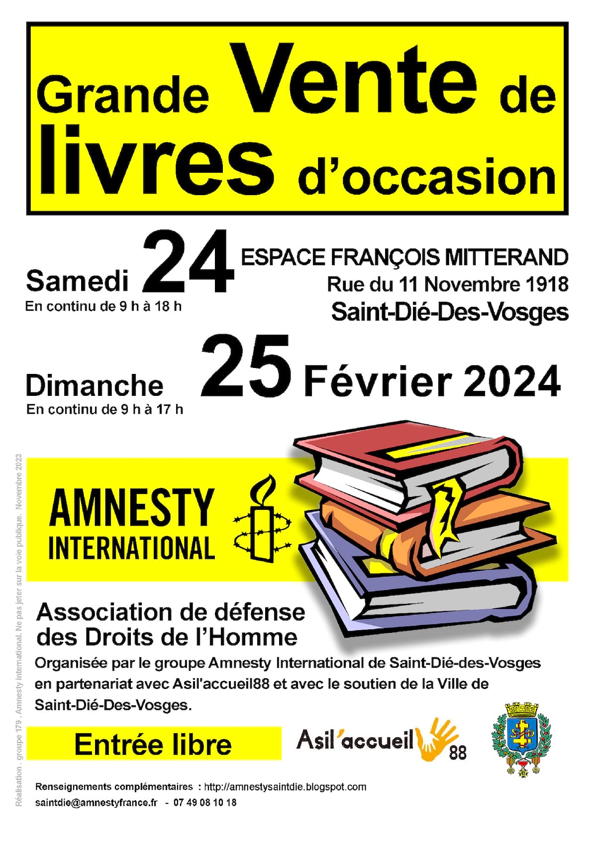 Vente de livres à Saint Dié Amnesty International et Asil Accueil 88