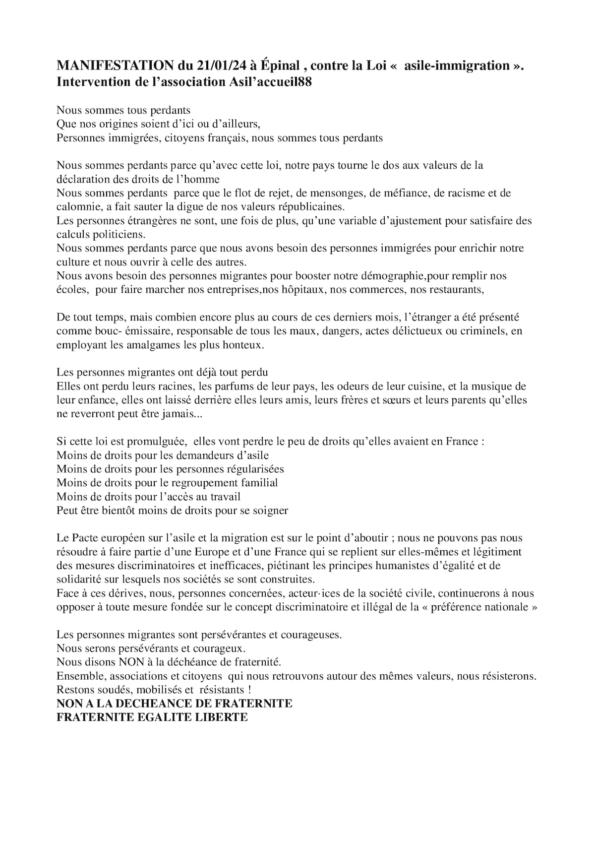 Discours Asil Accueil 88 Manifestation Epinal 21/01/24 contre la loi 